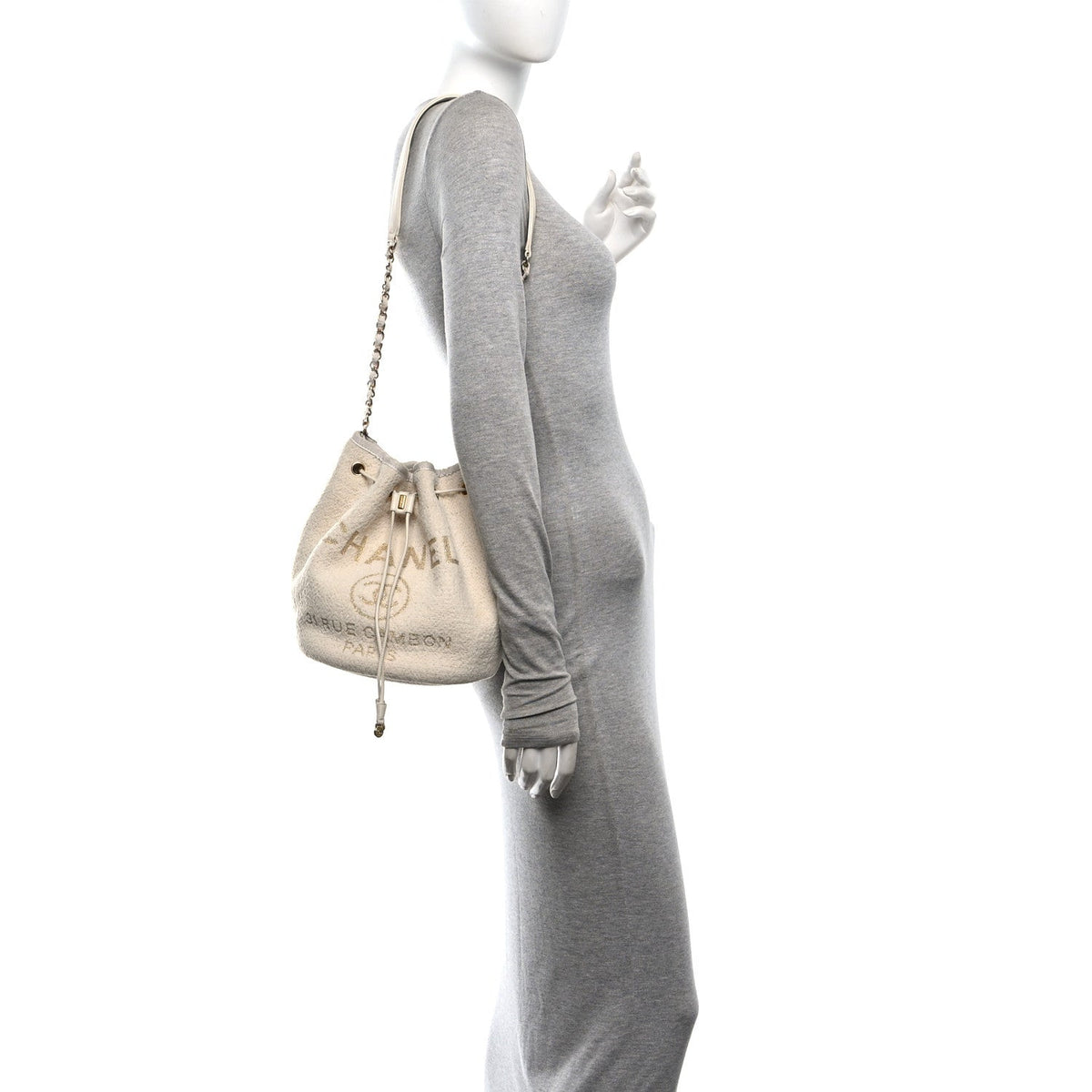 Lurex Boucle Deauville Drawstring Bucket Bag Ivory