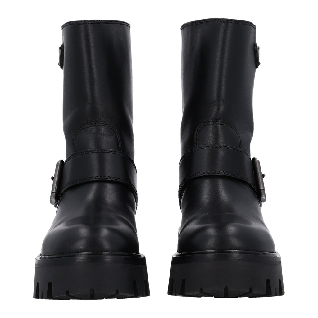 Calfskin Metal Triangle Logo Buckled Booties 36 Black