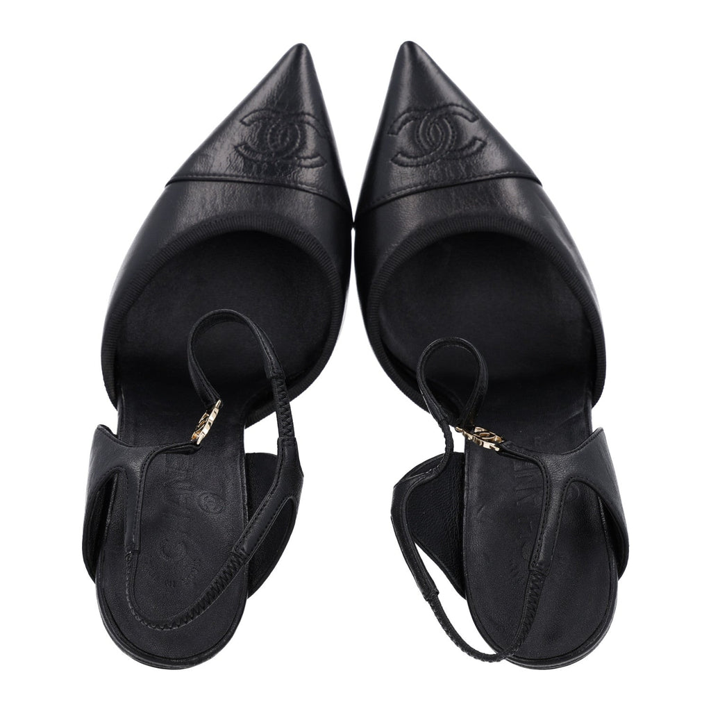 Iridescent Lambskin Pointed Cap Toe CC Slingback Pumps 37.5 Black