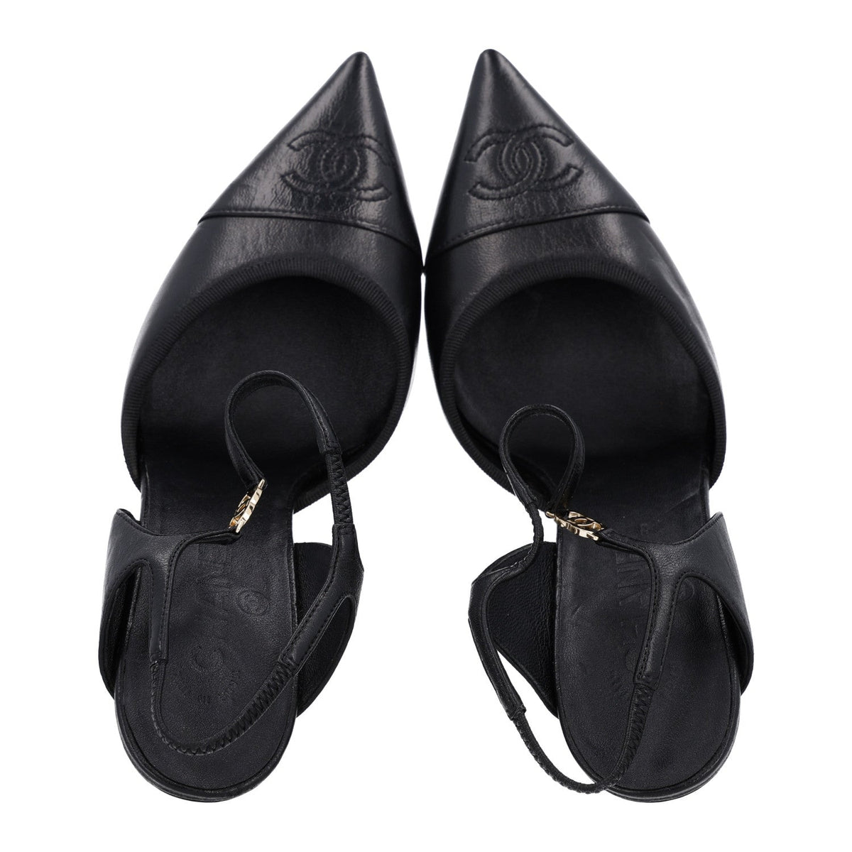 Iridescent Lambskin Pointed Cap Toe CC Slingback Pumps 37.5 Black