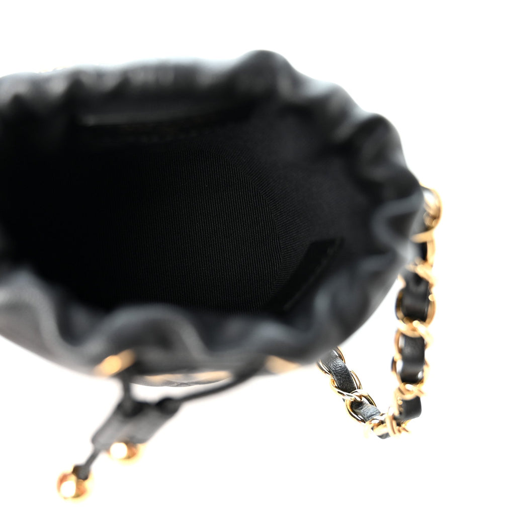 Calfskin Quilted Mini Drawstring Bucket Bag Black