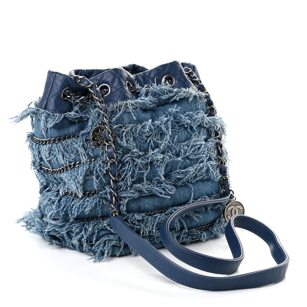 Calfskin Denim Fringe Chains CC Drawstring Bucket Bag Blue
