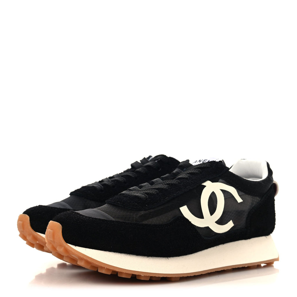 Mesh Suede Calfskin Womens Logo Sneakers 37 Black White