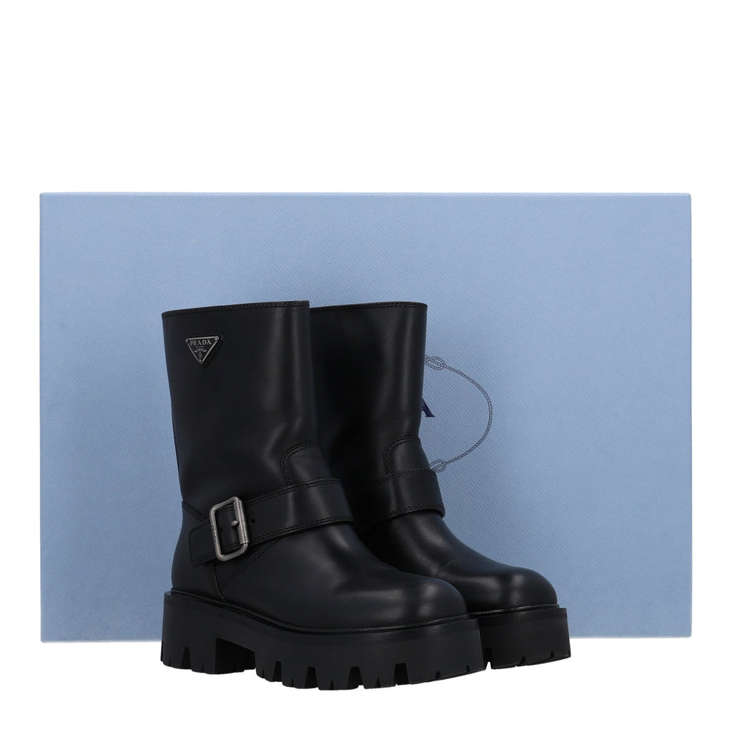 Calfskin Metal Triangle Logo Buckled Booties 36 Black