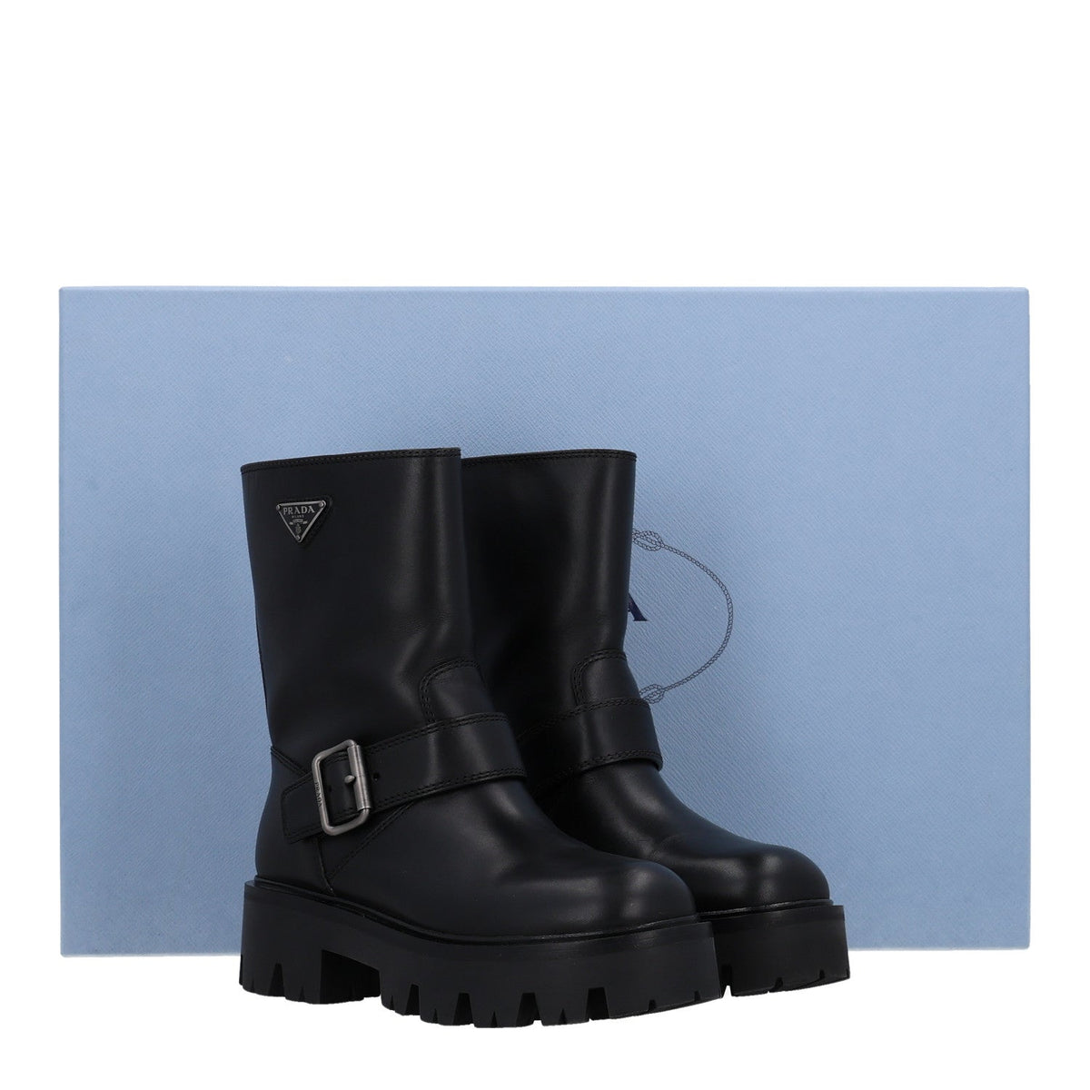 Calfskin Metal Triangle Logo Buckled Booties 36 Black