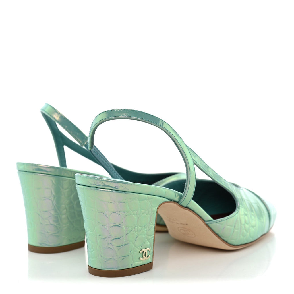 Iridescent Embossed Patent CC Cap Toe CC Slingback Pumps 37.5 Turquoise