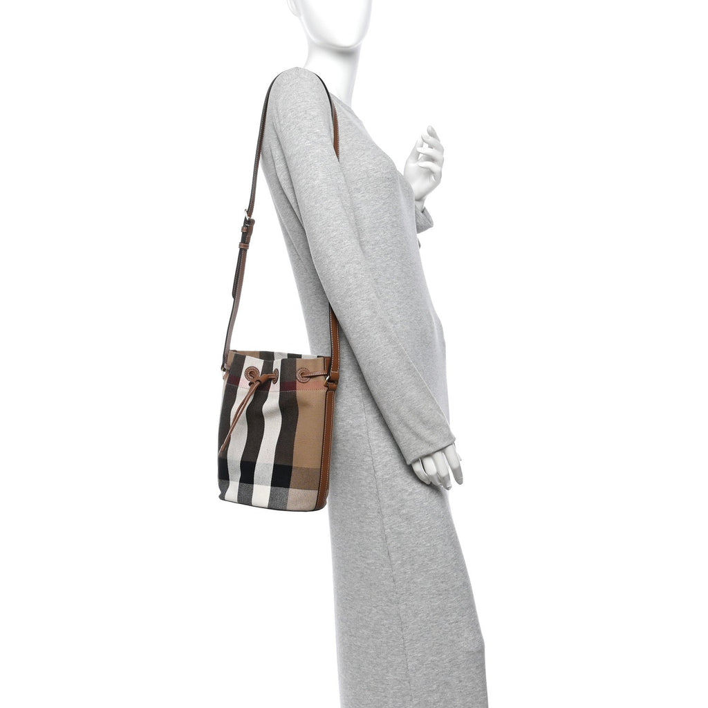 Giant Check Canvas Small Bucket Bag Taupe Brown