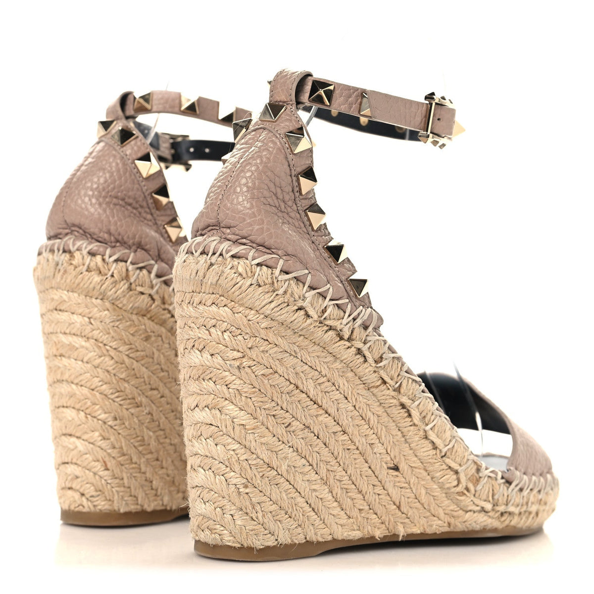 Grained Calfskin Rockstud Ankle Strap Espadrille 15/105mm Wedge Sandals 35 Poudre Natural