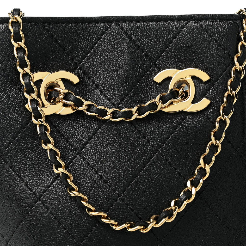Lambskin Quilted Mini Bucket Bag With Chain  Black