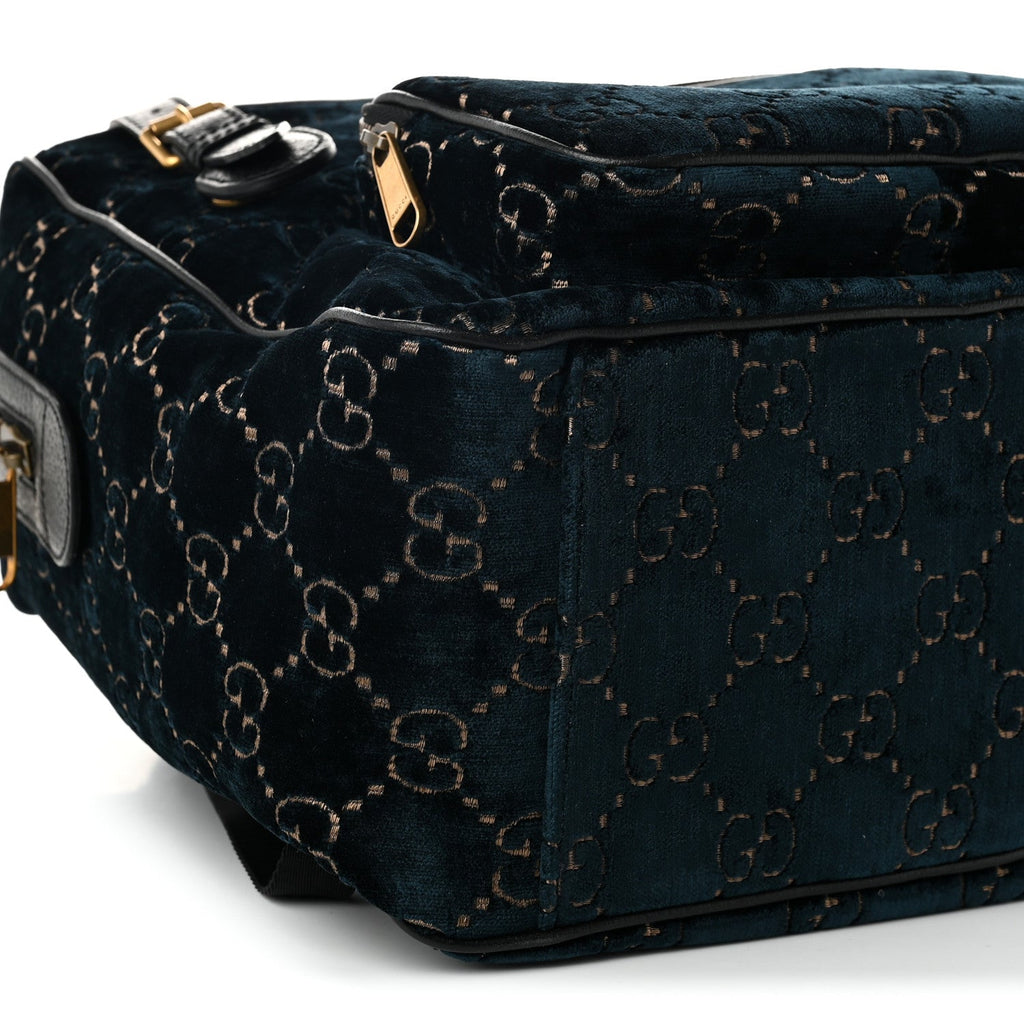 Velvet GG Monogram Textured Calfskin Web Small Double Buckle Backpack Blue Beige Black