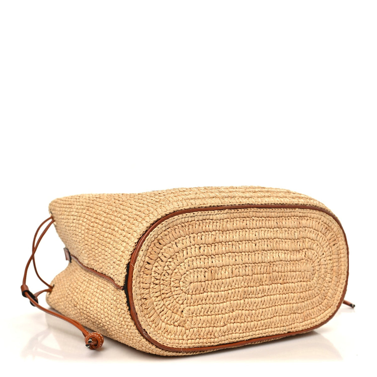 Raffia Calfskin Triomphe Drawstring Bucket Natural Tan