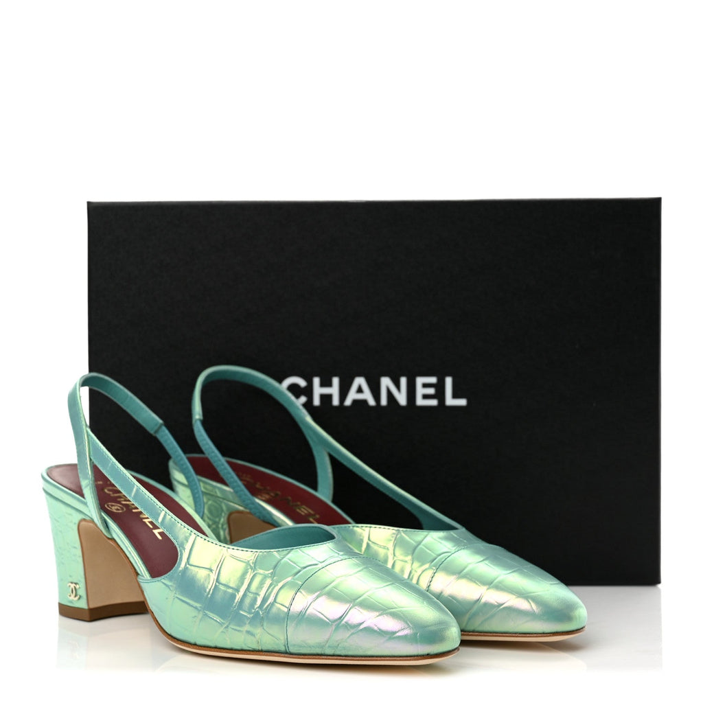 Iridescent Calfskin Crocodile CC Slingback Pumps 38 Green
