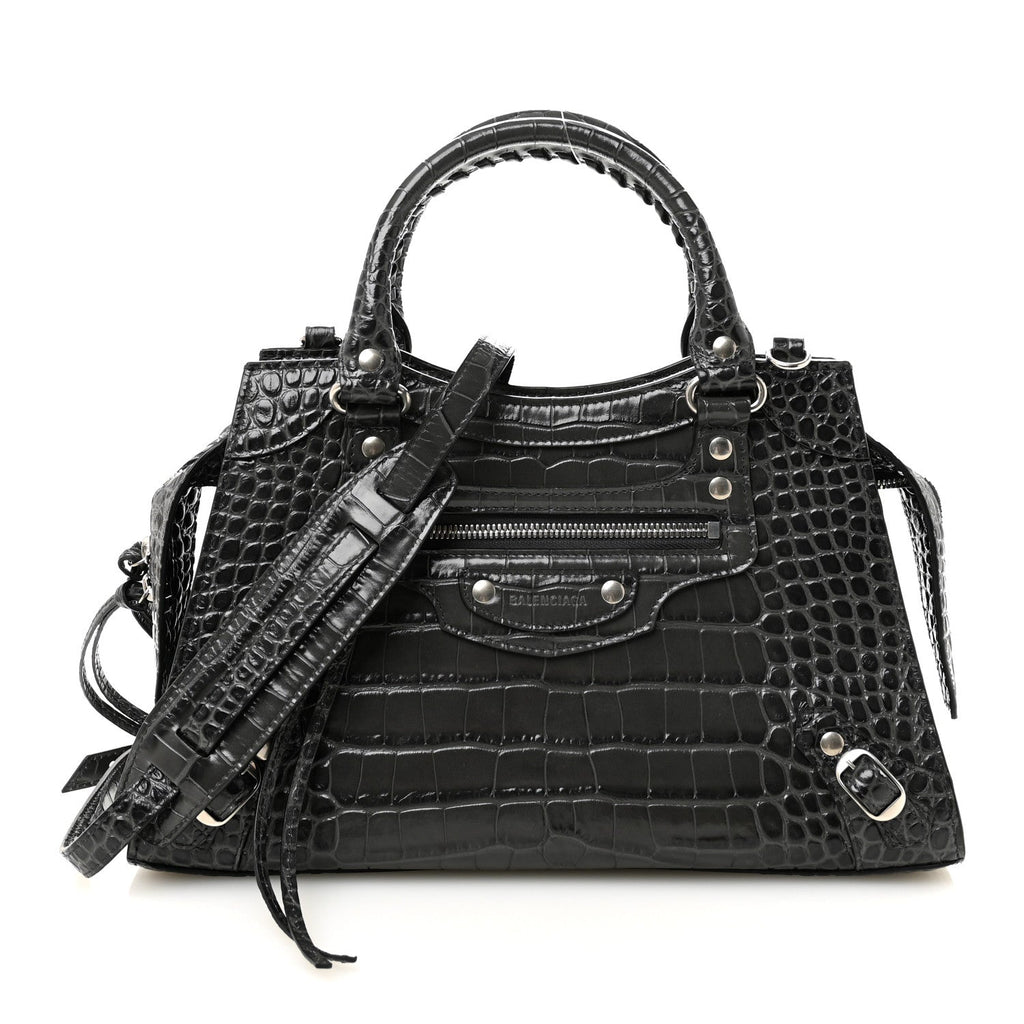 Shiny Supple Calfskin Crocodile Embossed Neo Classic Silver Hardware S City Dark Grey