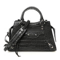 Shiny Supple Calfskin Crocodile Embossed Neo Classic Silver Hardware S City Dark Grey
