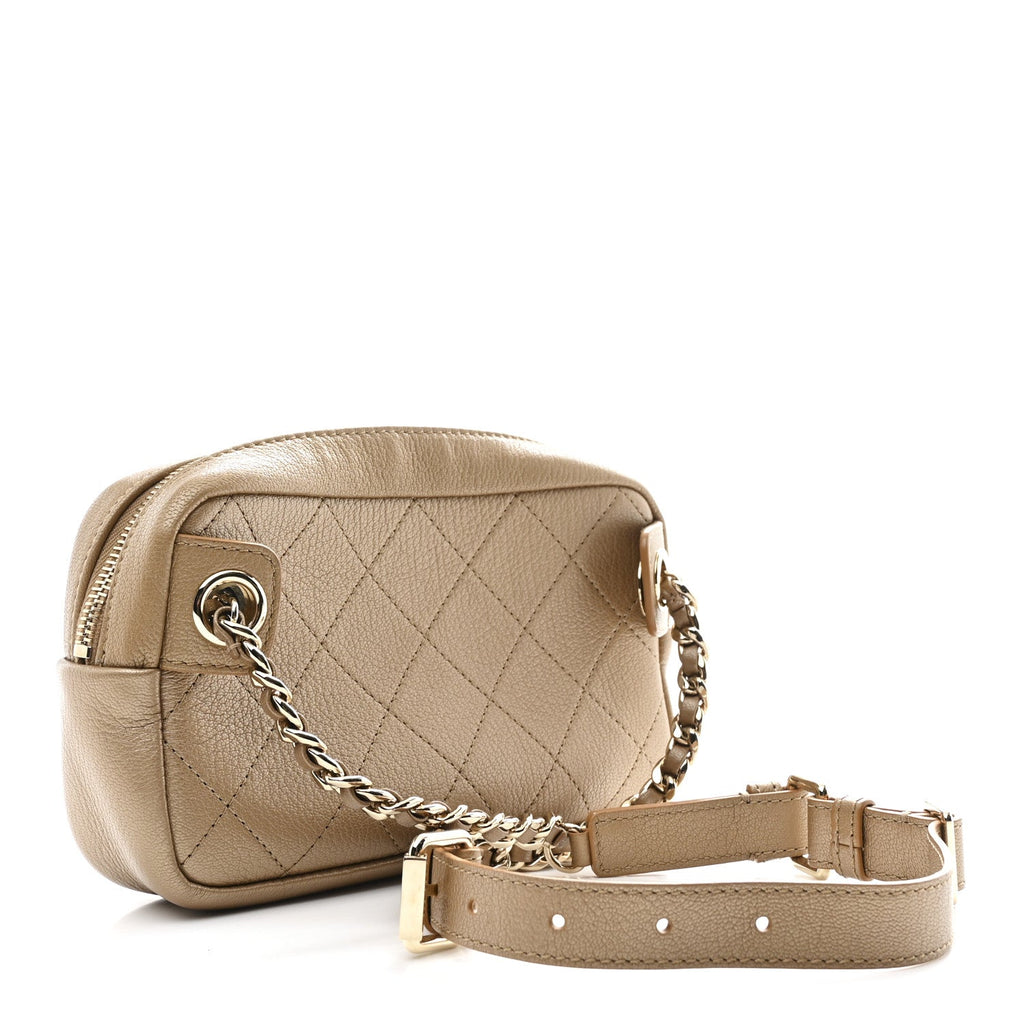 Metallic Goatskin Quilted Casual Trip Waist Bag Beige