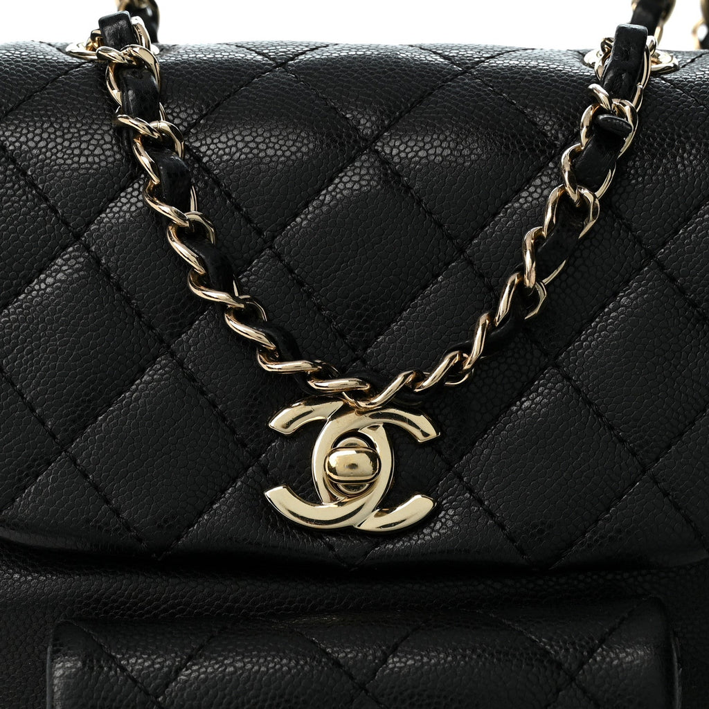 Shiny Caviar Quilted Small Pockets Drawstring Backpack Black