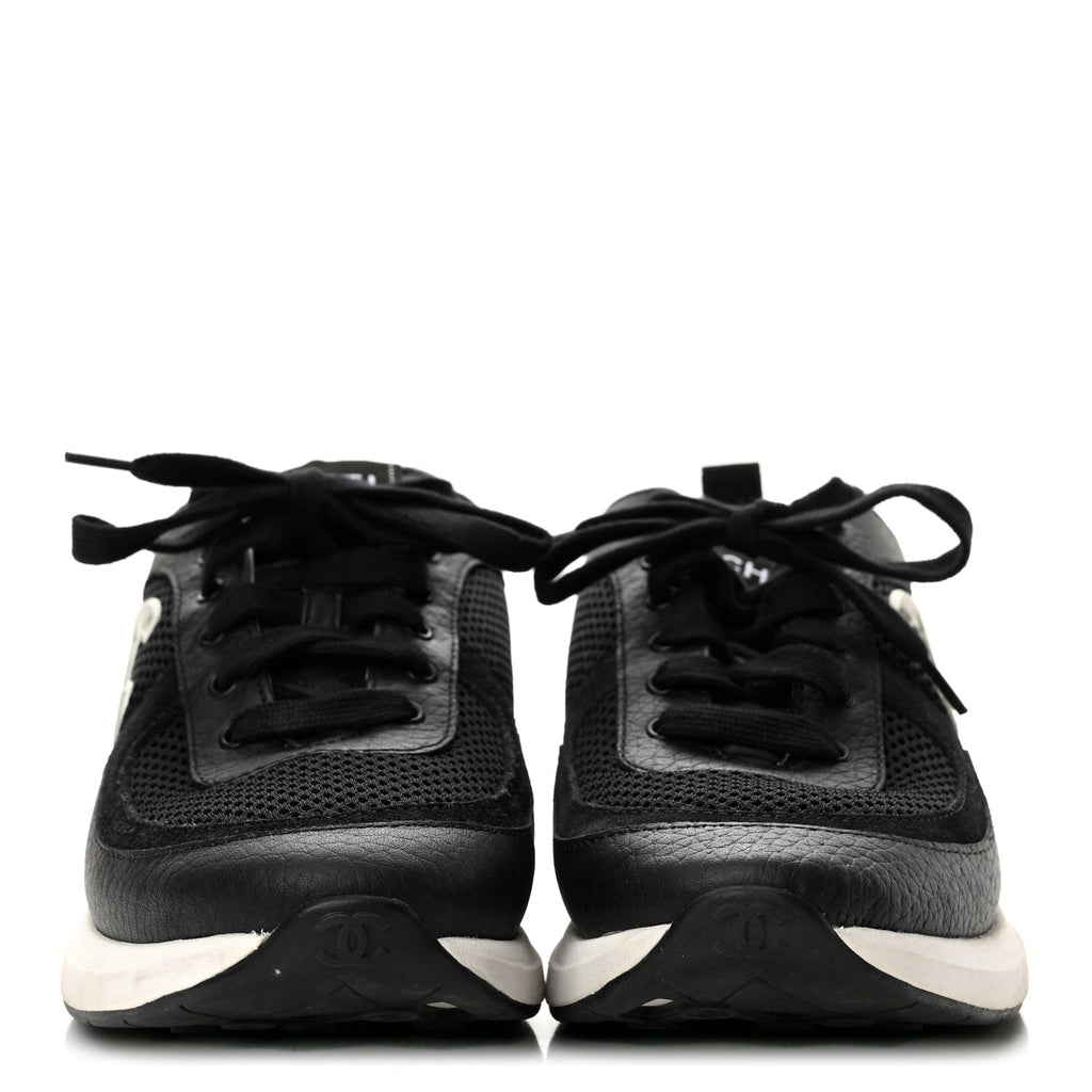 Calfskin Mesh Lycra Suede Womens Logo Sneakers 37.5 Black