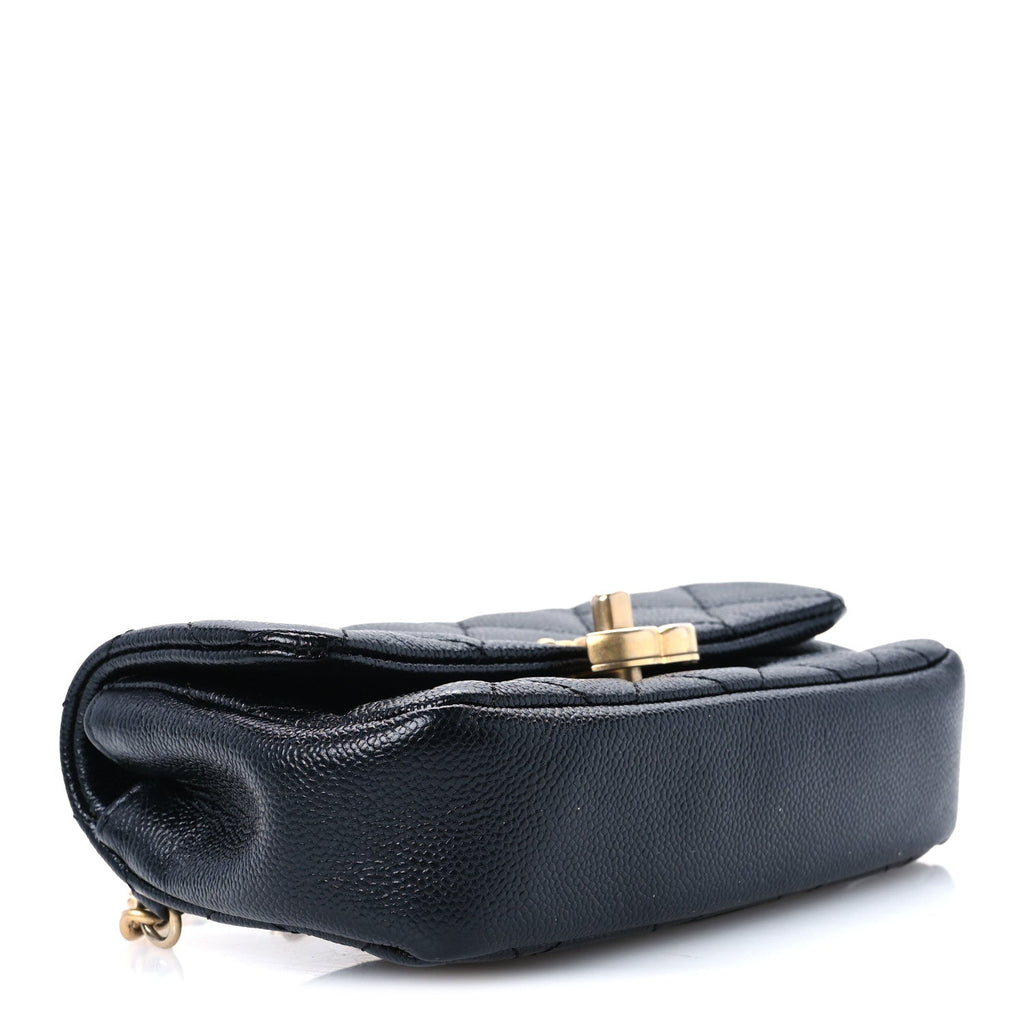 Shiny Caviar Quilted Chain Melody Waist Belt Bag Black