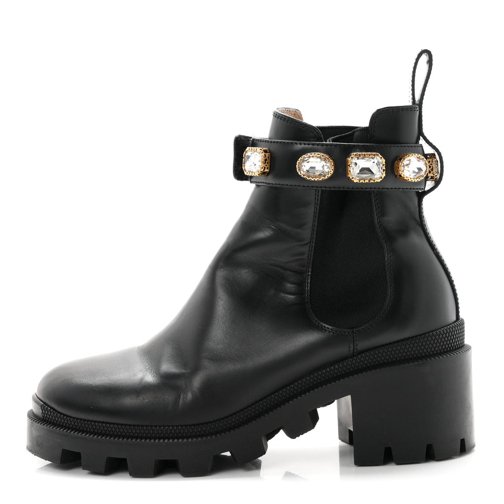 Calfskin Crystal GG Trip Chelsea Ankle Boots 36.5 Black