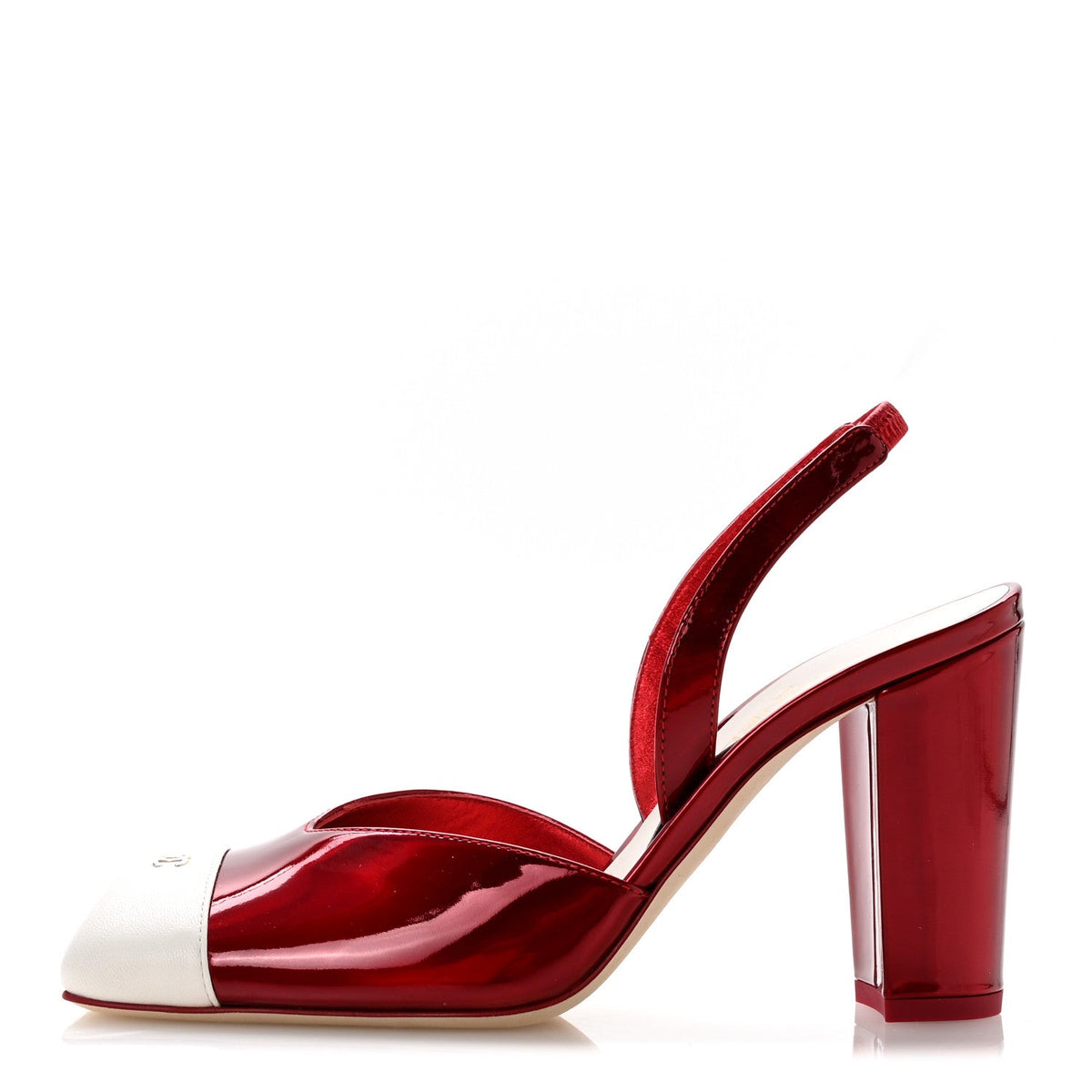 Laminated Calfskin Lambskin Square Cap Toe CC Slingback Pumps 36.5 Red Ivory