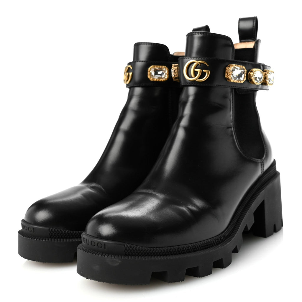 Calfskin Crystal GG Trip Chelsea Ankle Boots 36.5 Black