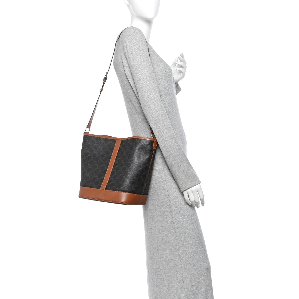 Triomphe Canvas Calfskin Medium Bucket Bag Tan