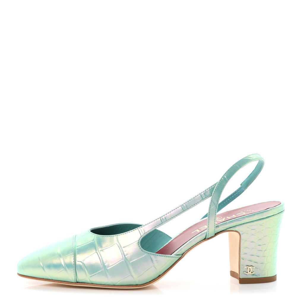 Iridecent Calfskin Crocodile Embossed CC Cap Toe CC Slingback Pumps 41 Green