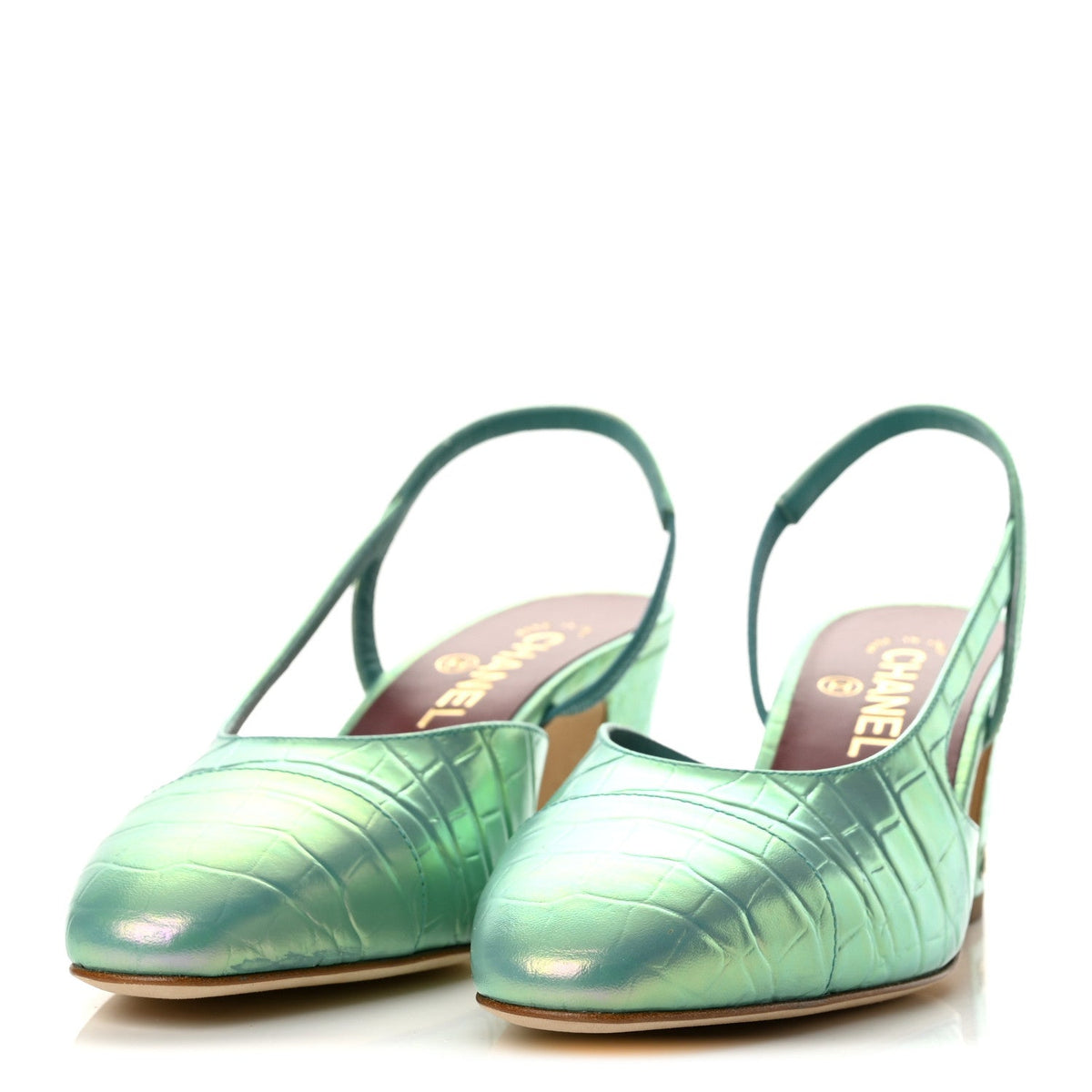 Iridescent Calfskin Crocodile CC Slingback Pumps 38 Green