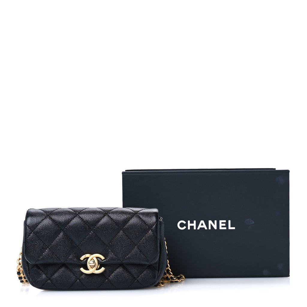 Shiny Caviar Quilted Chain Melody Waist Belt Bag Black