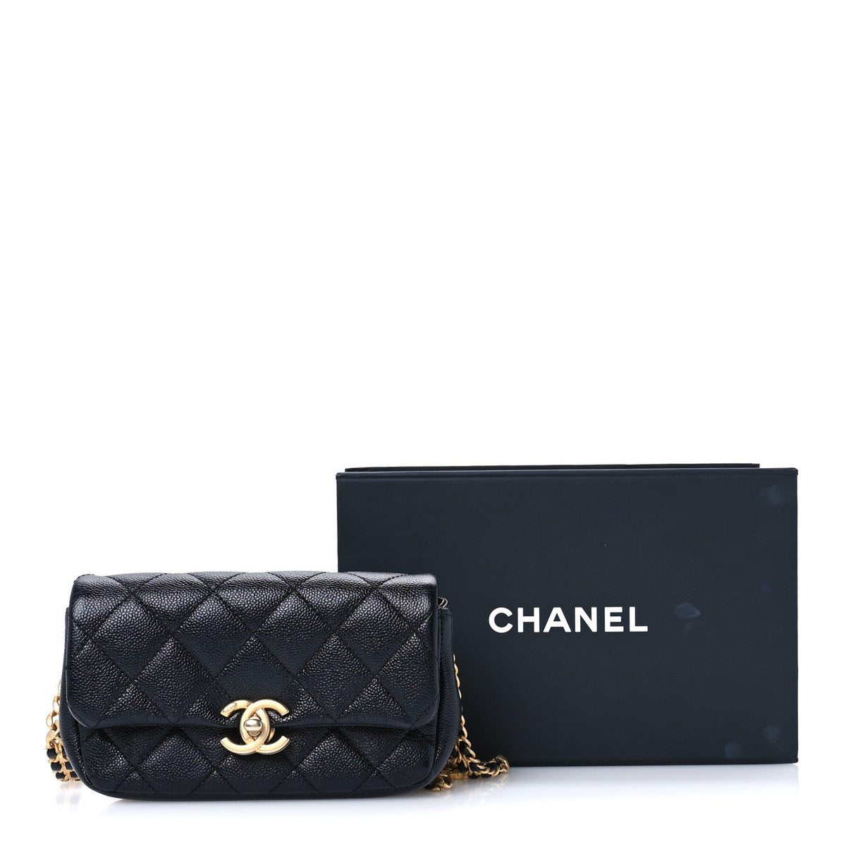 Shiny Caviar Quilted Chain Melody Waist Belt Bag Black