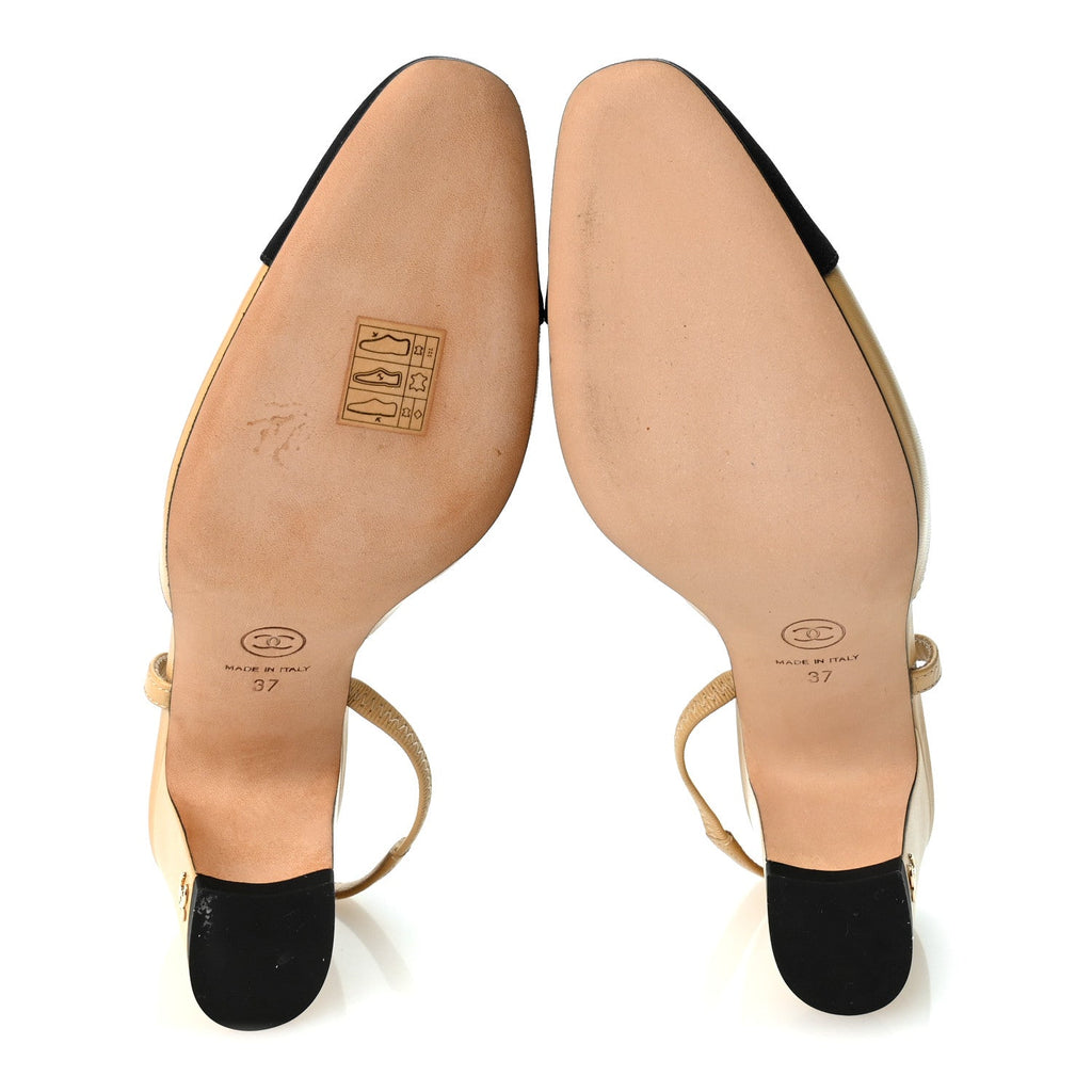 Goatskin Grosgrain Cap Toe CC Slingback Pumps 37 Beige Black