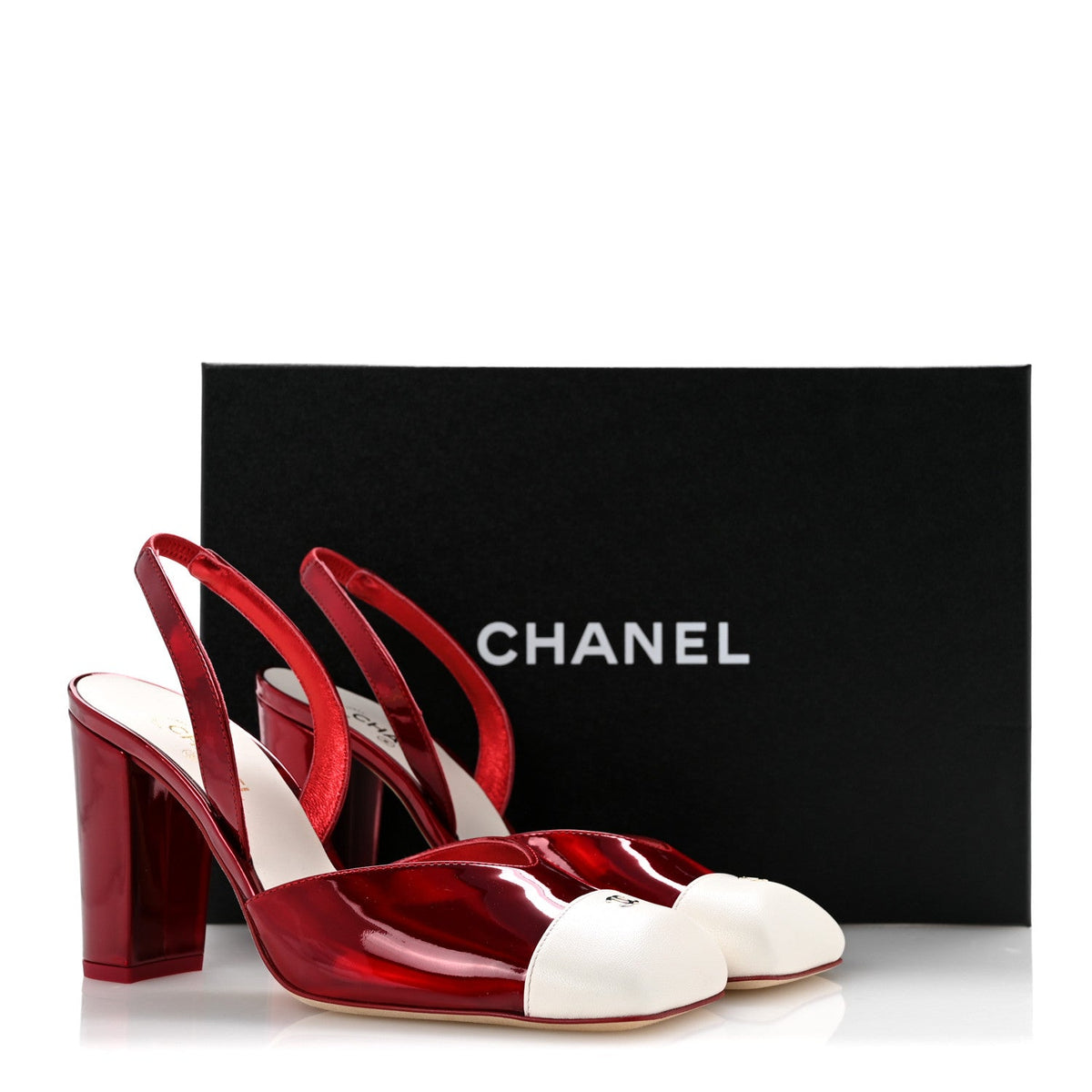 Laminated Calfskin Lambskin Square Cap Toe CC Slingback Pumps 36.5 Red Ivory