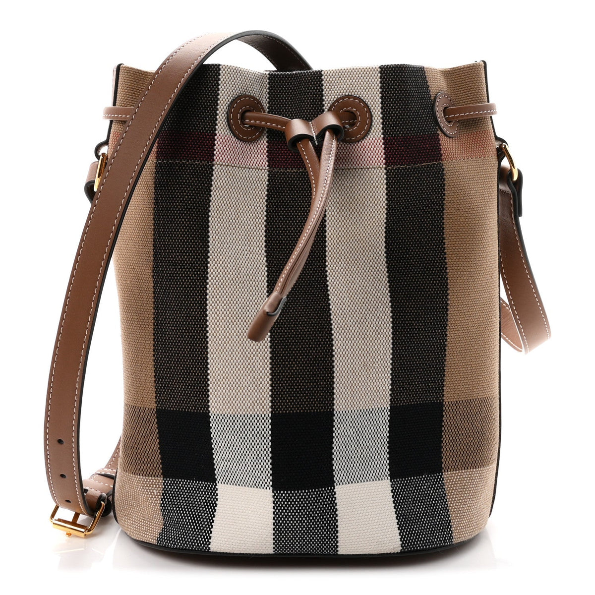 Giant Check Canvas Small Bucket Bag Taupe Brown