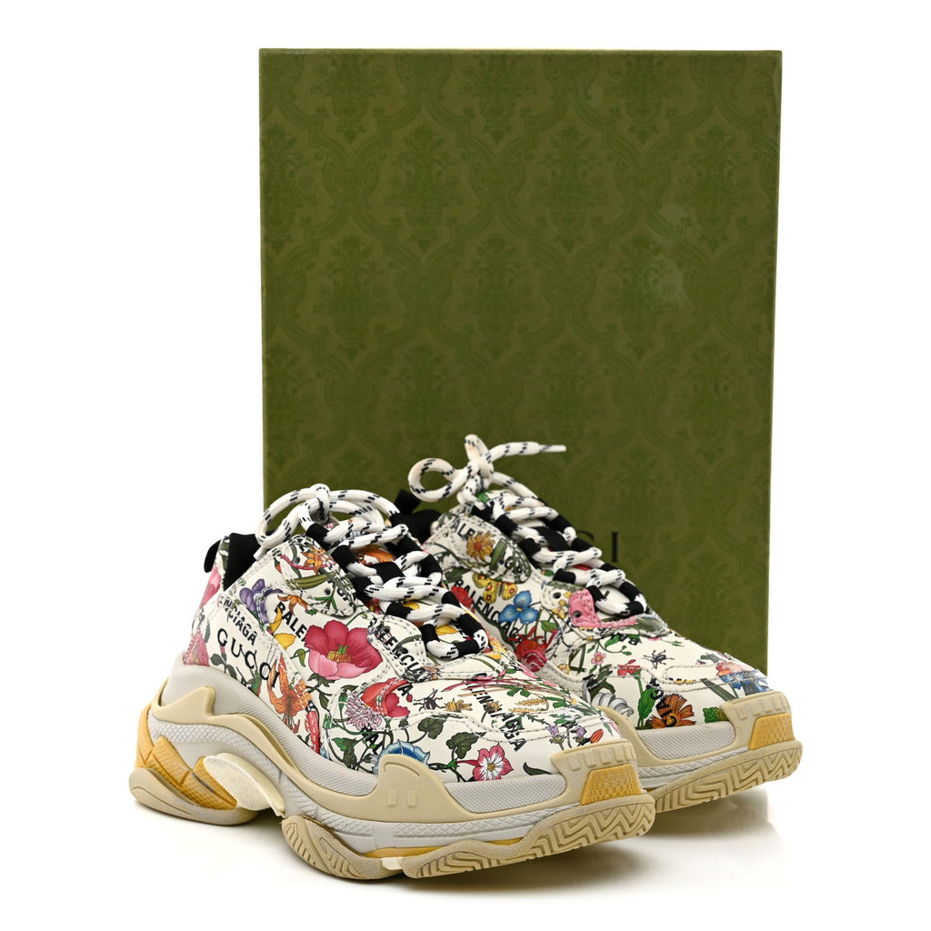 X GUCCI Fabric Allover Logo Flora Print Womens Triple S Sneakers 37 Multicolor White