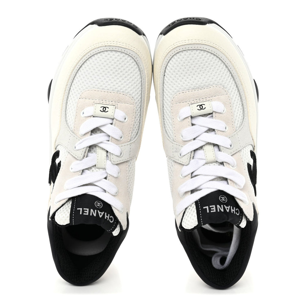 Mesh Suede Grained Calfskin Womens CC Sneakers 39.5 White Black