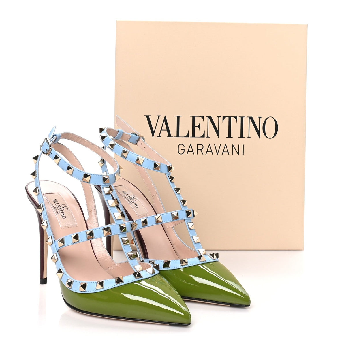 Patent Nappa Rockstud Ankle Strap 100mm Pumps 39 Chartreuse Multicolor
