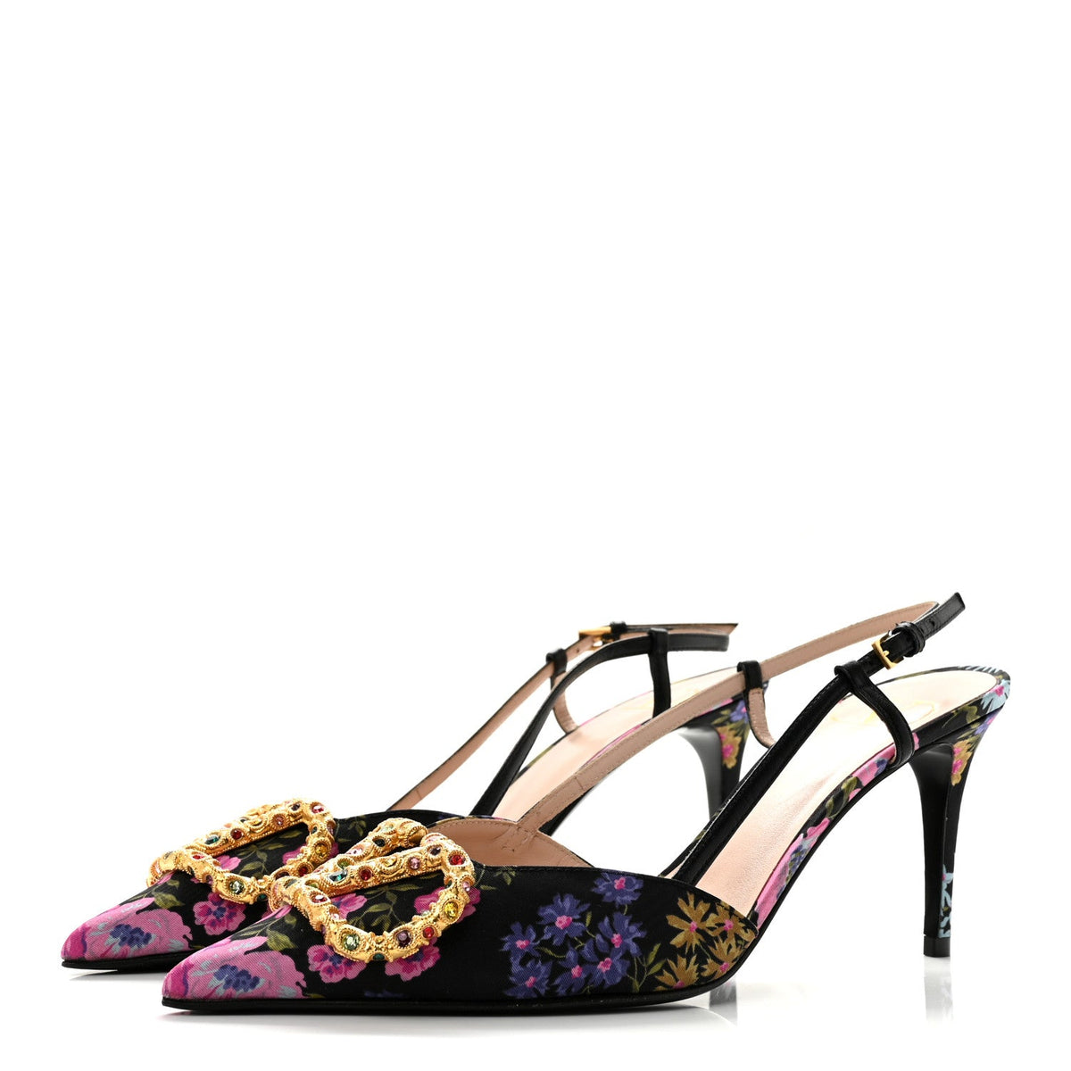 Satin Moire Floral Vlogo Loco Slingback 80mm Pumps 37 Black Multicolor