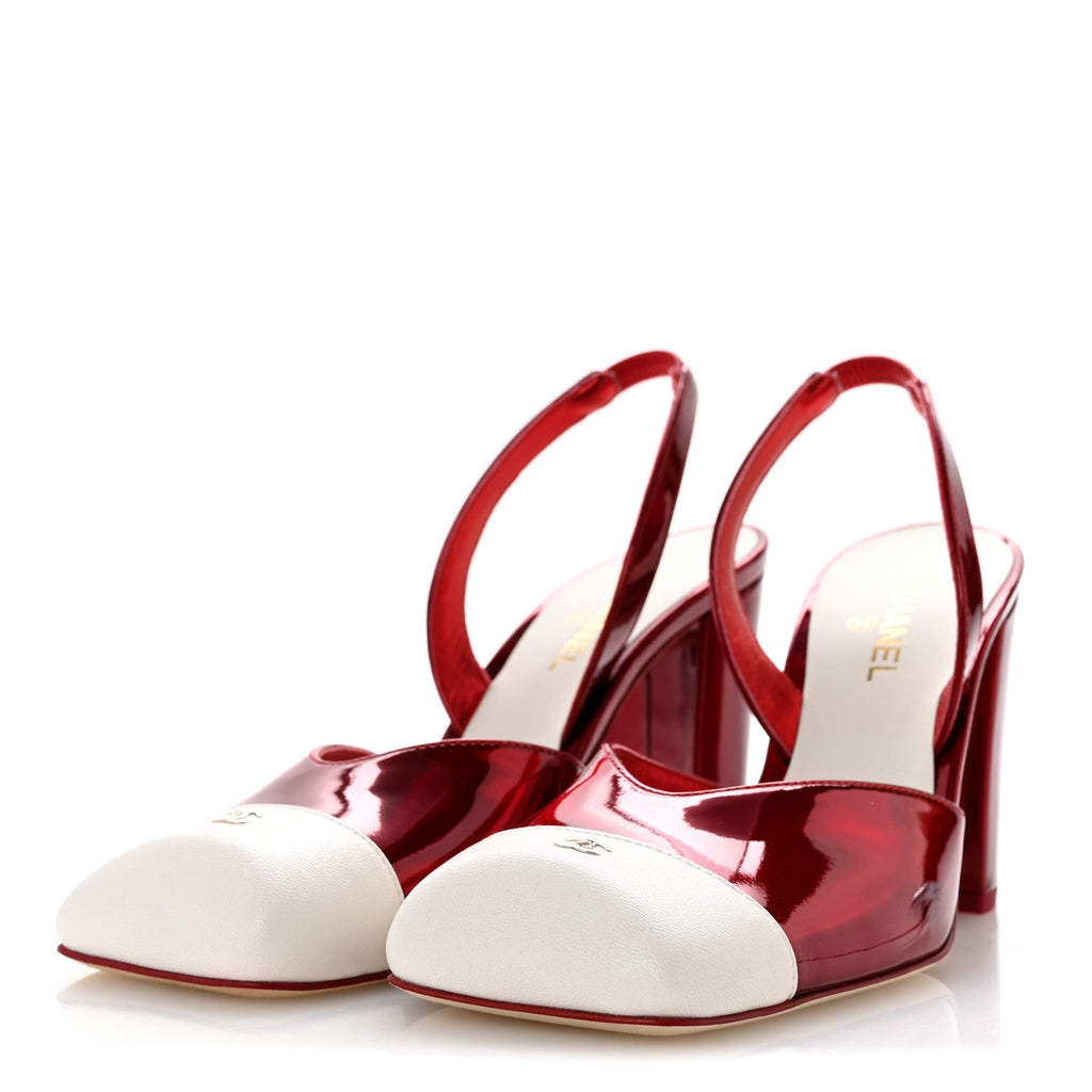 Laminated Calfskin Lambskin Square Cap Toe CC Slingback Pumps 36.5 Red Ivory