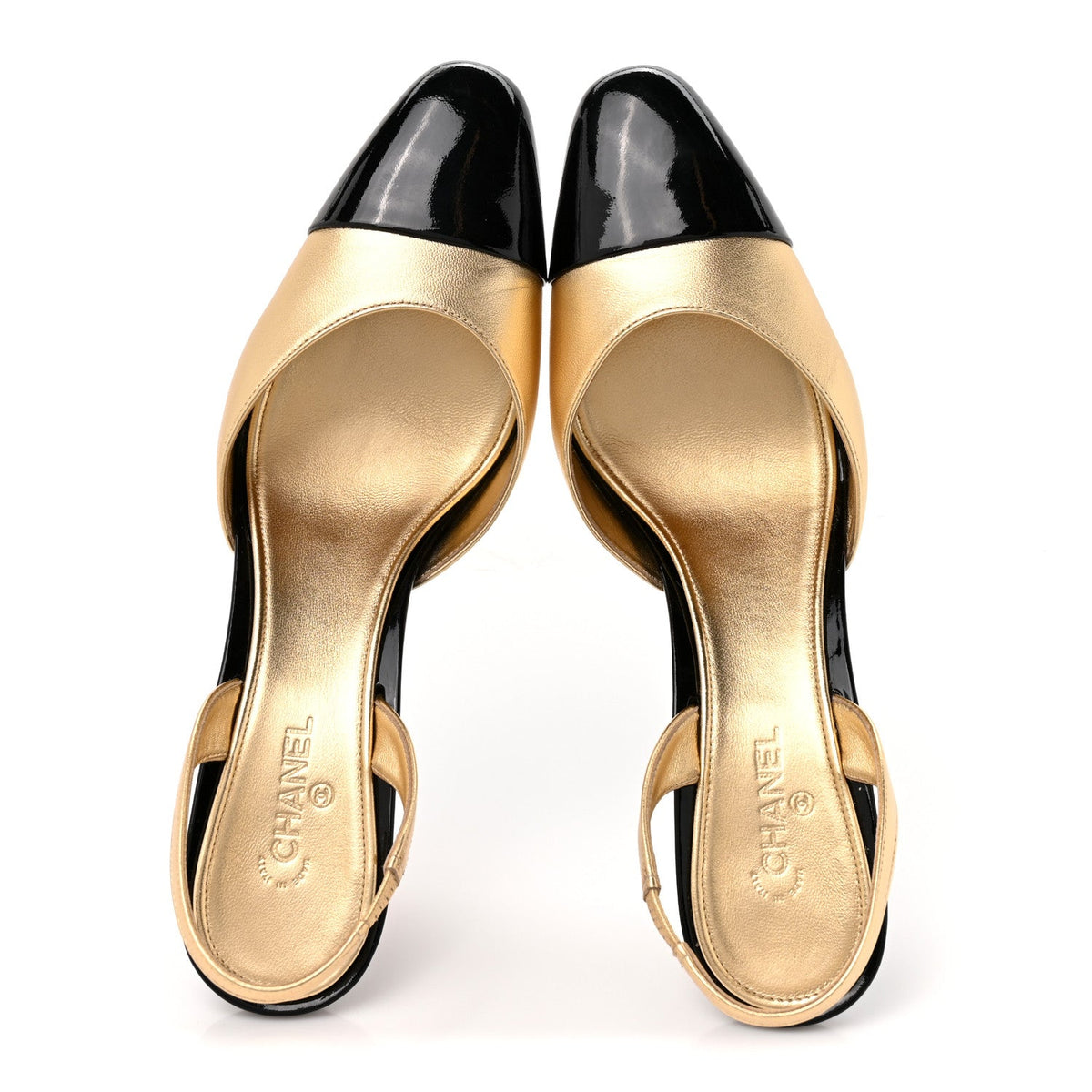 Lambskin Patent Cap Toe CC Apple Slingback Pumps 41 Gold Black