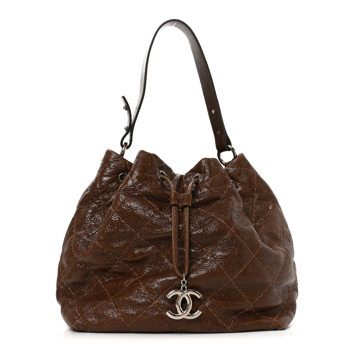 Glazed Calfskin On The Road Drawstring Tote Brown
