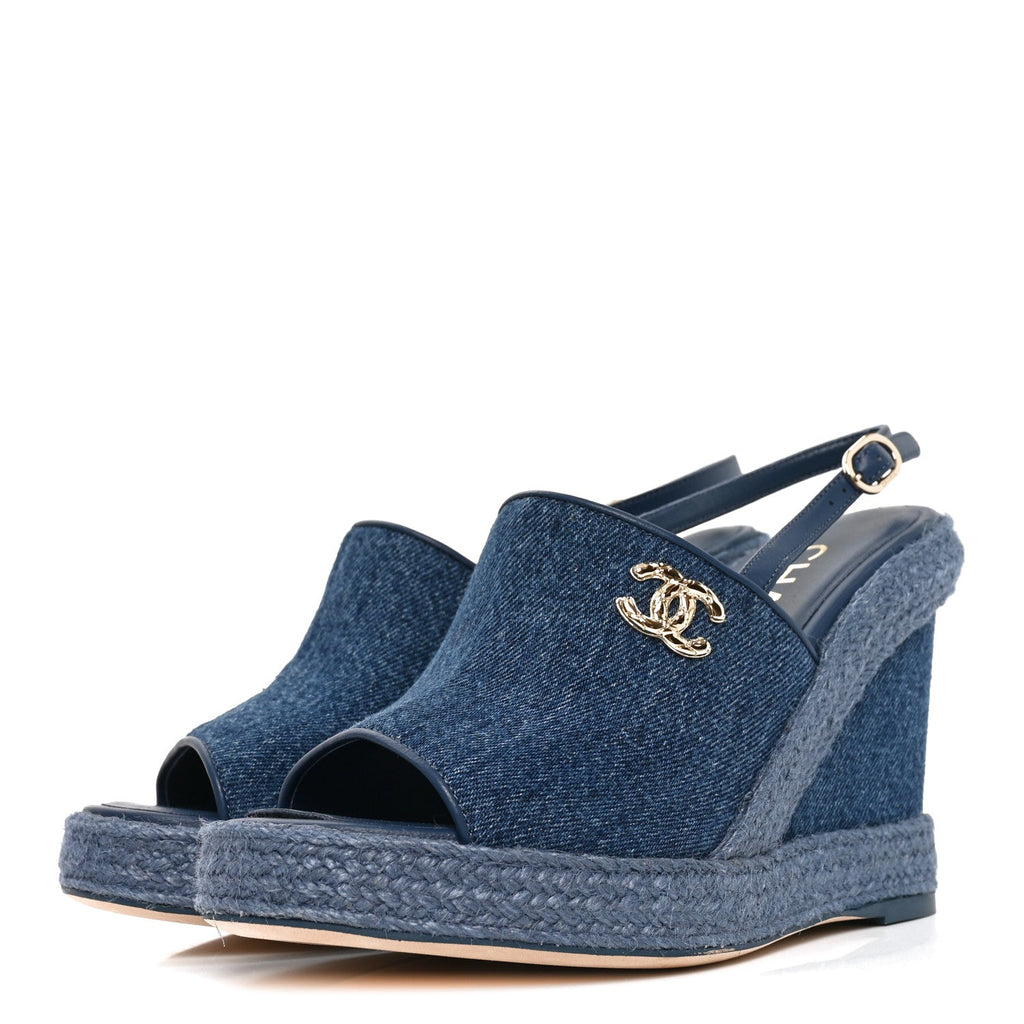 Washed Denim Braided Cord Wedge Sandals 36 Blue