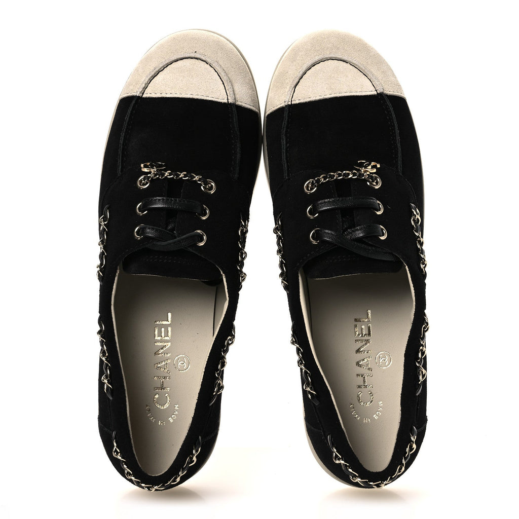 Suede Calfskin CC Chain Loafers 38.5 Black Light Gray