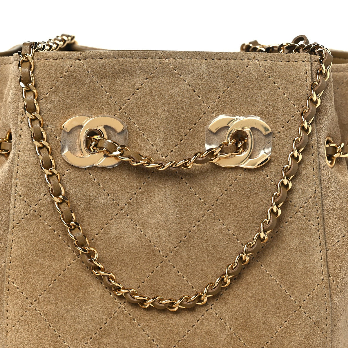 Suede Calfskin Quilted Mini Bucket Bag With Chain Dark Beige