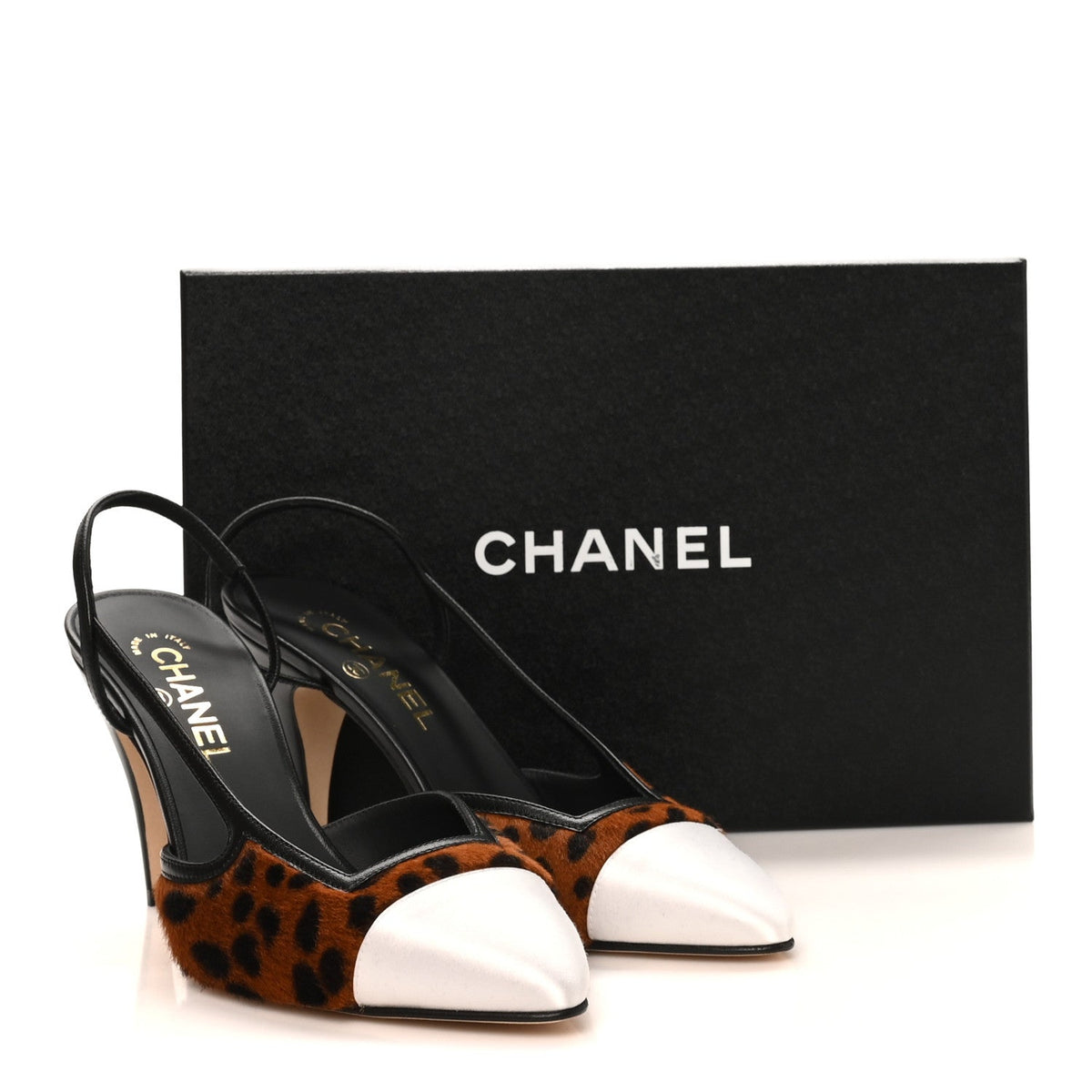 Lambskin Mixed Fibers Cap Toe CC Slingback Pumps 39 White Brown Black