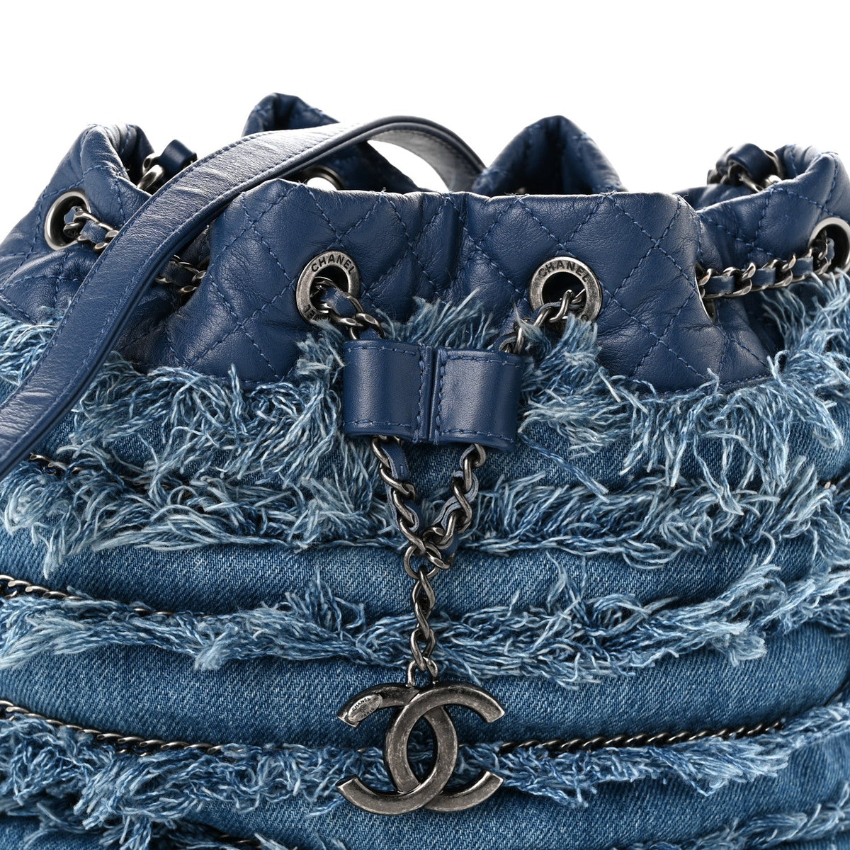 Calfskin Denim Fringe Chains CC Drawstring Bucket Bag Blue