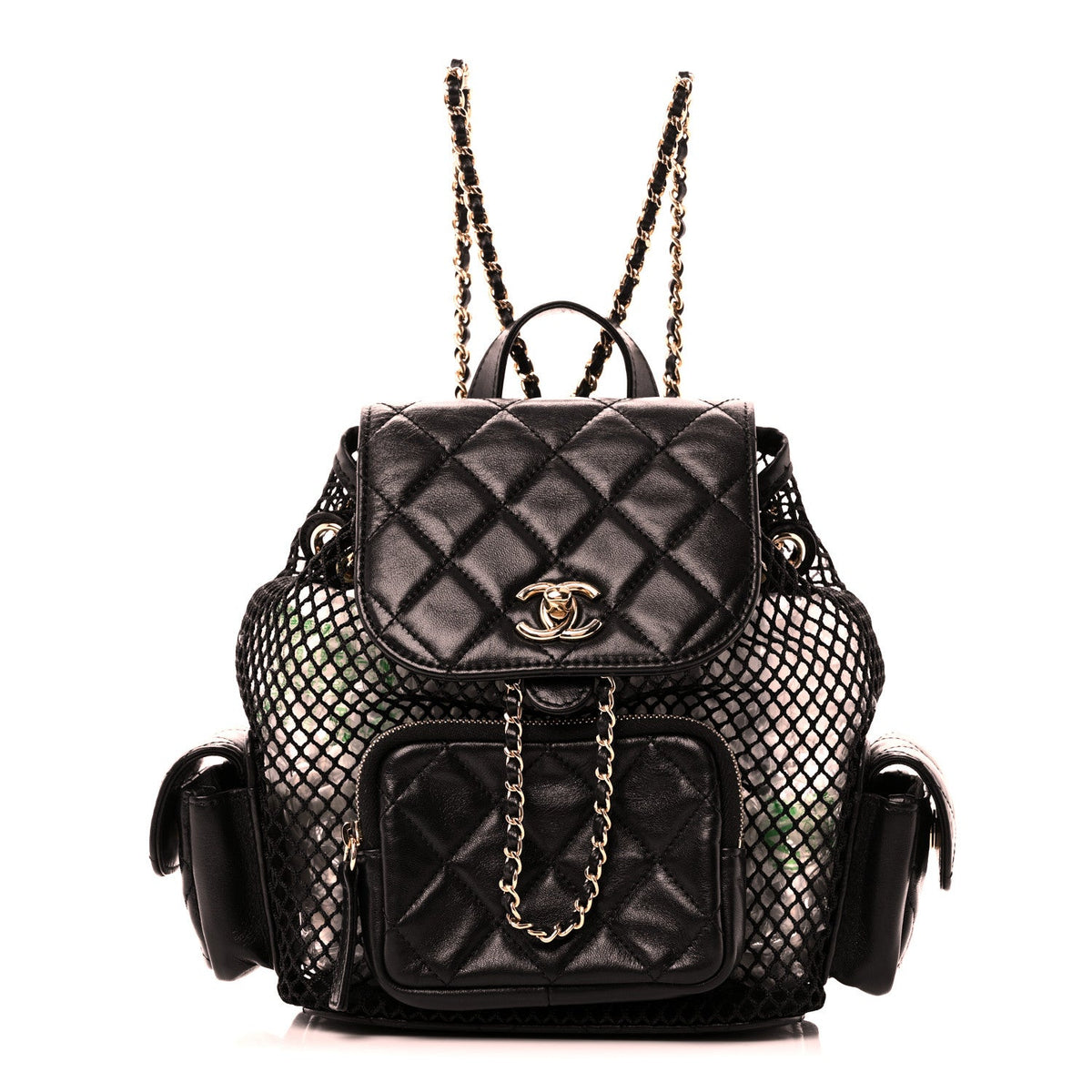 Shiny Lambskin Mesh Quilted Small Cargo Duma Drawstring Backpack Black