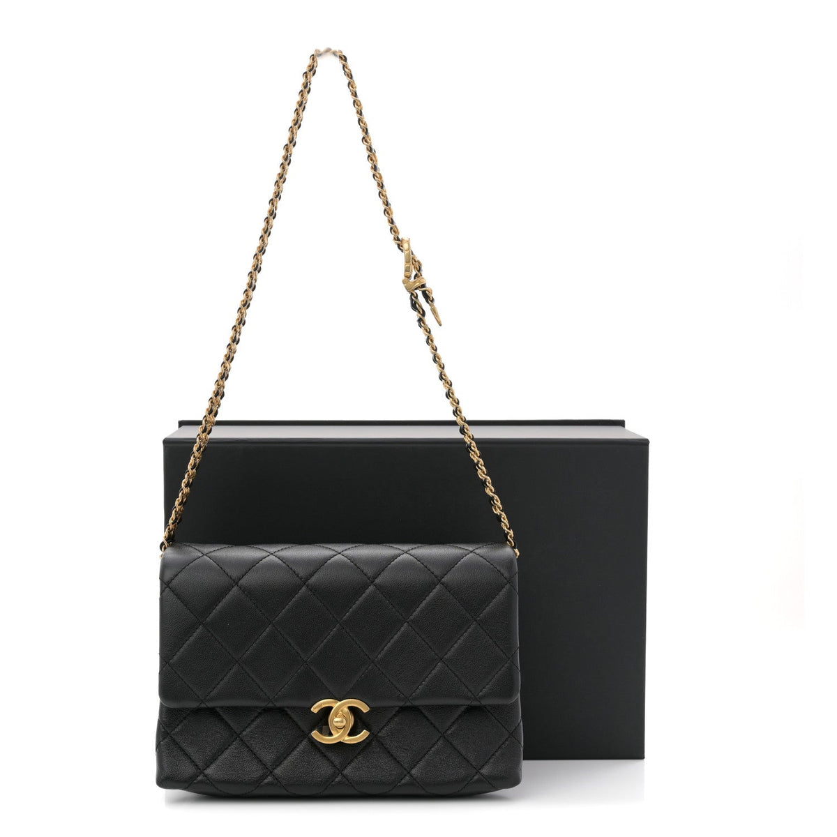 Calfskin Quilted Mini Chain Strap Flap Black