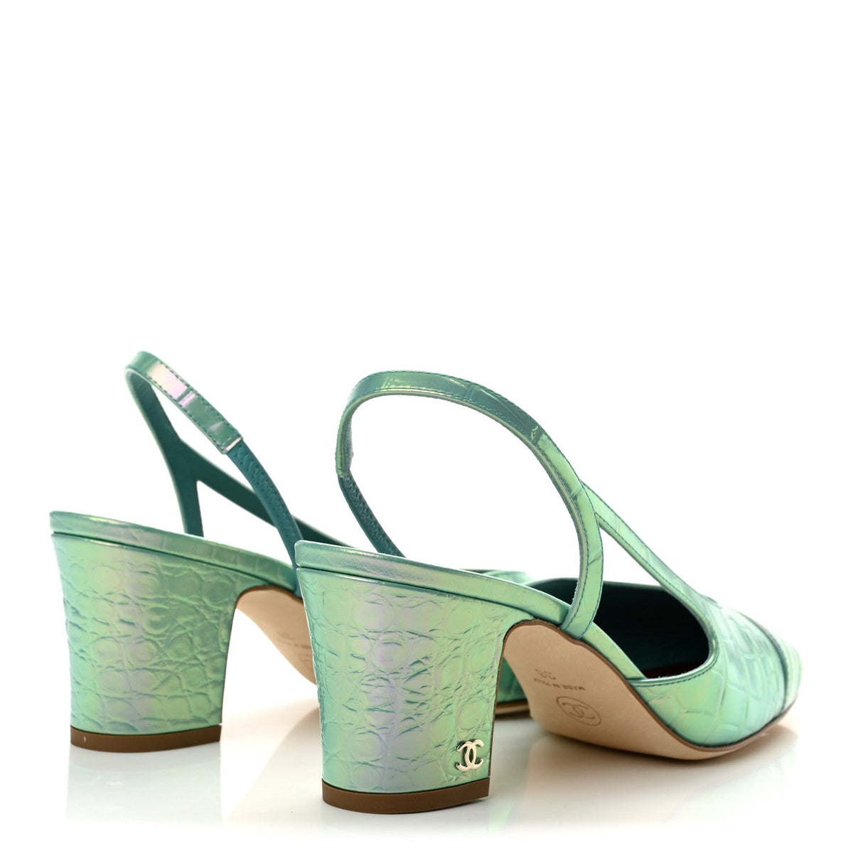 Iridescent Calfskin Crocodile CC Slingback Pumps 38 Green