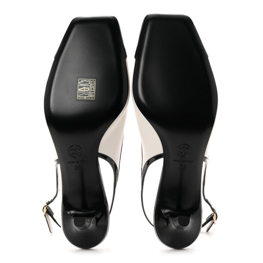 Lambskin Patent Calfskin Cap Toe CC Slingback Pumps 38 White Black