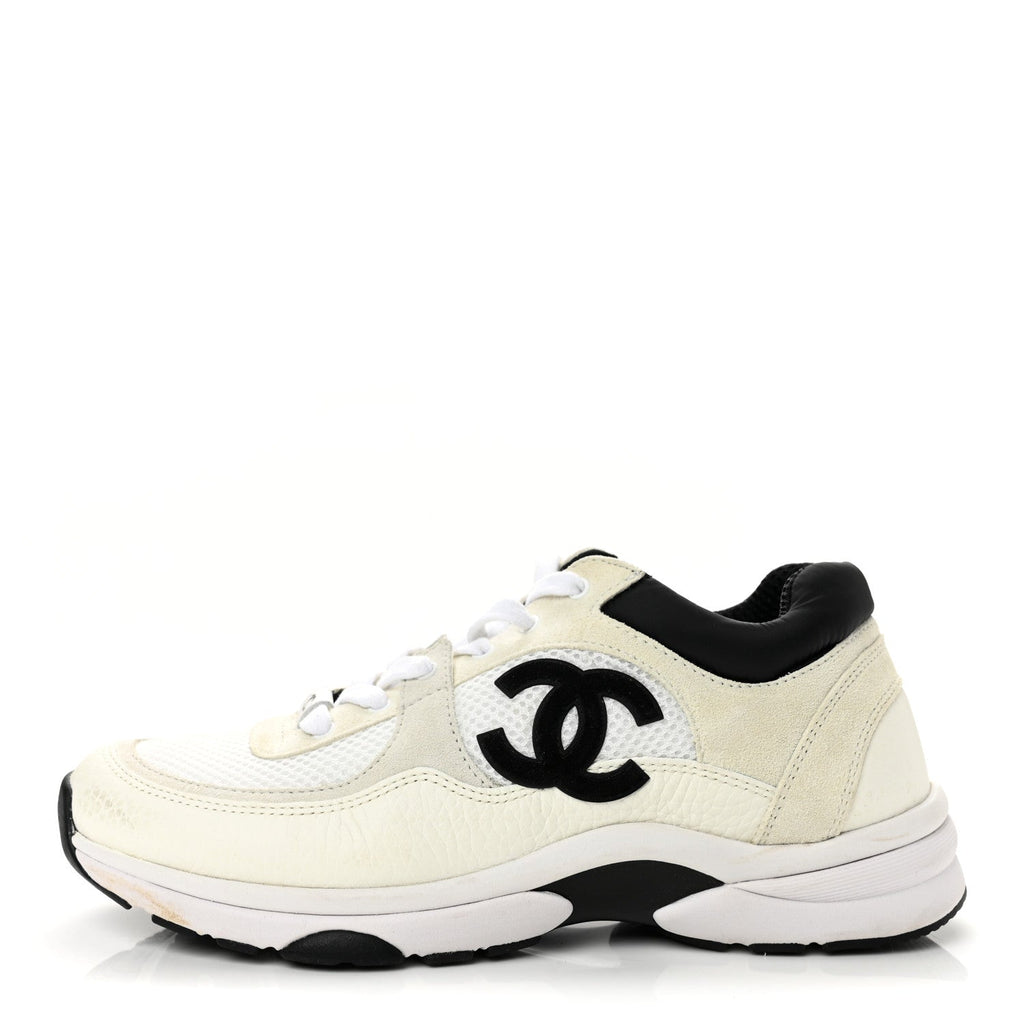 Mesh Suede Calfskin Grained Calfskin Womens CC Sneakers 38.5 White Black